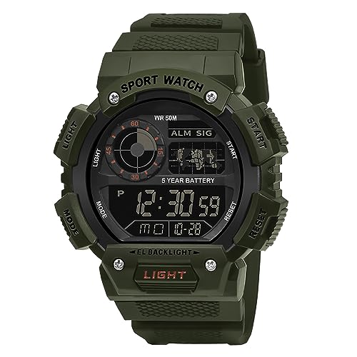 Herren Digital Quarz Uhr,Sport Militär Große Armbanduhr,50M Wasserdicht mit Wecker/Timer/LED Armbanduhr für Männer,Unisex Stoßsichere Outdoor Digitaluhr mit Resin Armband,Armeegrün von ROSEBEAR