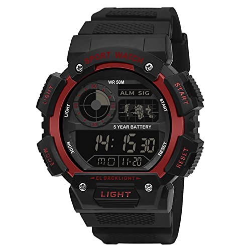 Herren Digital Quarz Uhr,Sport Militär Große Armbanduhr,50M Wasserdicht mit Wecker/Timer/LED Armbanduhr für Männer,Unisex Stoßsichere Outdoor Digitaluhr mit Resin Armband,Schwarz Rot von ROSEBEAR