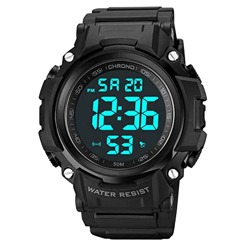 Herren Sportuhr Armbanduhr,Sport Outdoor Digital Uhren für Männer,Sport Militär Große Armbanduhr,50M Wasserdicht mit Wecker/Timer/LED,Uhrenarmband aus PU,Schwarz von ROSEBEAR