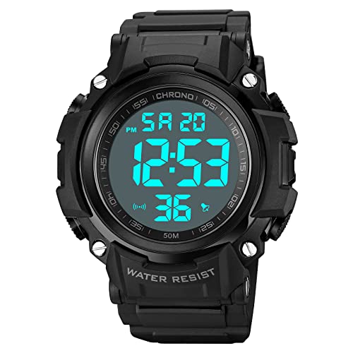 Herren Sportuhr Armbanduhr,Sport Outdoor Digital Uhren für Männer,Sport Militär Große Armbanduhr,50M Wasserdicht mit Wecker/Timer/LED,Uhrenarmband aus PU,Schwarz Weiß von ROSEBEAR