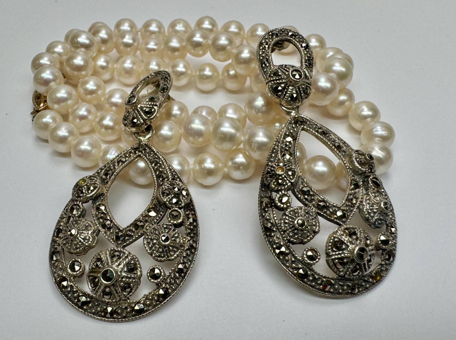 Vintage 925 Sterling Silber Markasit Große Teardrop Ohrhänger Set Vintage 925 Sterling Silber Markasit Große Teardrop Ohrhänger Set von ROSECITYGIFT