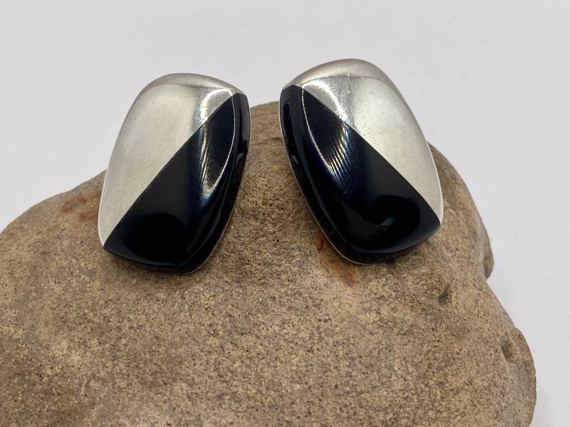 Vintage Markiert C-11 Rechteck Taxco Mexiko 925 Sterling & Onyx Ohrstecker Set von ROSECITYGIFT