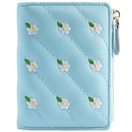 ROSEEONNE plånböcker Damen Kleine Bifold Leder Geldbörsen Damen Armband Mit Kartenfächern ID Fenster Reißverschluss Münzgeldbörse Mode Stickerei Geldbörse portmonnäer(Bleu) von ROSEEONNE