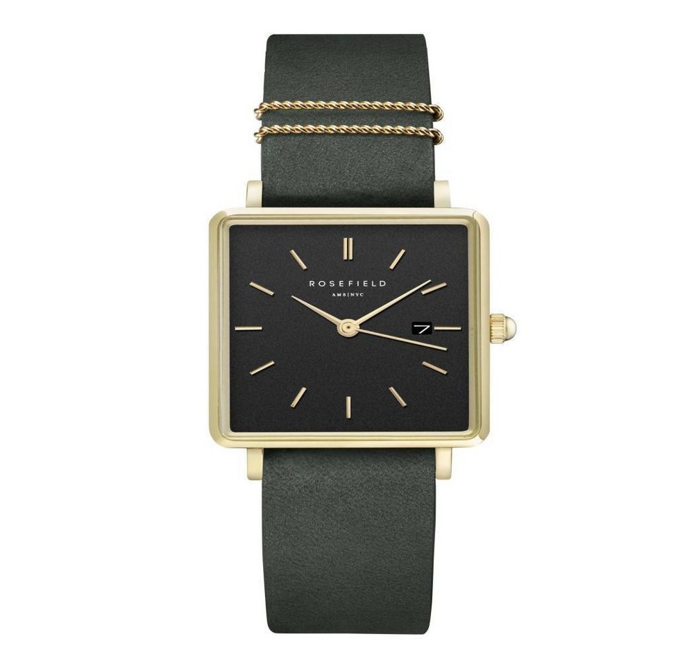 ROSEFIELD Quarzuhr ROSEFIELD Damenuhr Boxy Schwarz Leder Grün Gold eckig QBFGG-Q031 von ROSEFIELD
