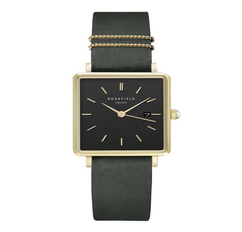 ROSEFIELD Quarzuhr ROSEFIELD Damenuhr Boxy Schwarz Leder Grün Gold eckig QBFGG-Q031 von ROSEFIELD