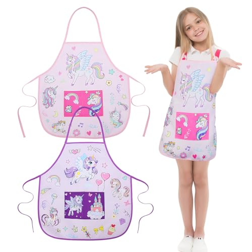 ROSEMO 2 Stück Kochschürze Kinder Einhorn Küchenschürze Mädchen Kinderschürze mit Tasche Werkenschürze Bastelschürze Malschürze Geschenk für Kinder 3-12 Jahre zum Kochen Malen Basteln von ROSEMO