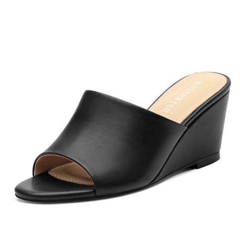 ROSERWISH Damen-Sandalen mit niedrigem Absatz, Keilabsatz, offener Zehenbereich, für Freizeit und Kleid, bequem, modisch, 5,1 cm Schuhe für Dating, Outfits, Schwarz (Black Pu), 37.5 EU von ROSERWISH