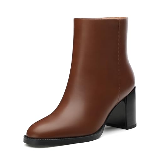 ROSERWISH Damen Stiefeletten Klassische Chunky Blockabsatz Kurze Booties mit Reißverschluss Bequem Casual Herbst Mode Stiefel Schuhe für Frauen, Braun, 38.5 EU von ROSERWISH
