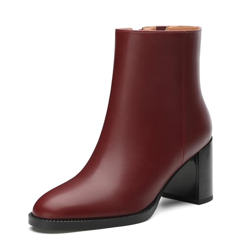 ROSERWISH Damen Stiefeletten Klassische Chunky Blockabsatz Kurze Booties mit Reißverschluss Bequem Casual Herbst Mode Stiefel Schuhe für Frauen, Burgunder, 42 EU von ROSERWISH