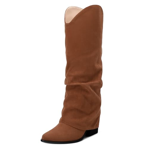 ROSERWISH Slouchy Damen kniehohe Stiefel Fold Over Mid Calf Boots Wide Calf Pointed Toe Chunky Heel Stiefel Pull-on Herbst Winter Kleid Schuhe, Braun, 41 EU von ROSERWISH