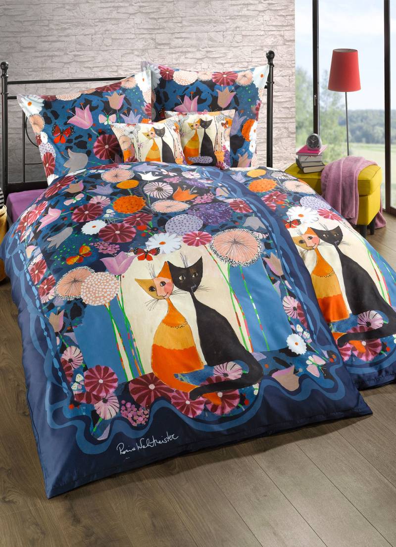 Bettwäsche-Garnitur mit Rosina Wachtmeister-Motiv, Größe 404 (40x40 cm, Dekokissen), Qualität Mako-Satin, Marineblau von ROSINA WACHTMEISTER