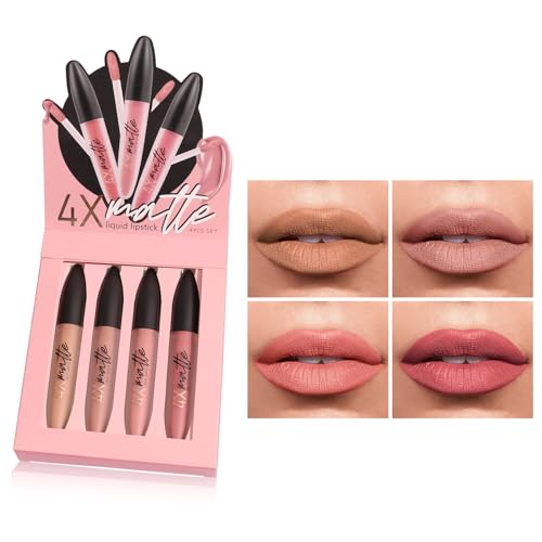 4 Colours Matte Ink Lipstick Set, Lipstick Makeup Set, Durable Lip Gloss Kit Lip Makeup, Durable, Non-Stick Cup, Non-Fade, Waterproof Lip Gloss, Makeup Gift for Girls and Women von ROSPRETTY