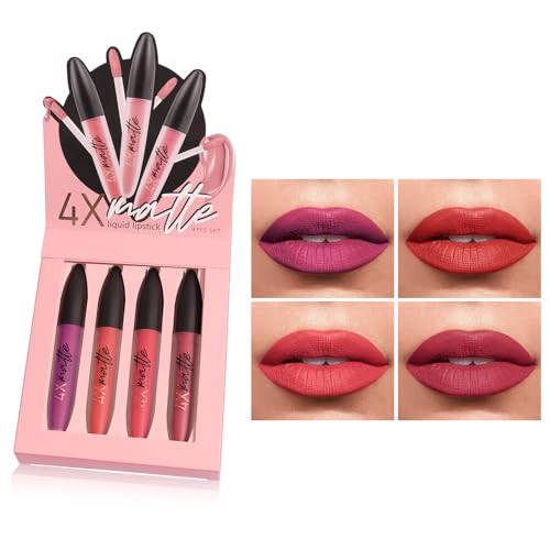 Durable Lip Gloss Kit Lip Makeup, Lipstick Makeup Set, 4 Colours Matte Ink Lipstick Set, Durable, Non-Stick Cup, Non-Fade, Waterproof Lip Gloss, Makeup Gift for Girls and Women von ROSPRETTY