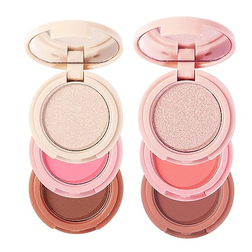 Illuminator Makeup Powder Palette, Illuminator Face Powder Palette, 3 in 1 Eyeshadow Palette, Face Blusher, Sweatproof Long Lasting Shine, 001#+003# von ROSPRETTY