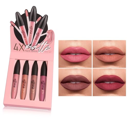 Lipstick Makeup Set, 4 Colours Matte Ink Lipstick Set, Durable Lip Gloss Kit Lip Makeup, Durable, Non-Stick Cup, Non-Fade, Waterproof Lip Gloss, Makeup Gift for Girls and Women von ROSPRETTY