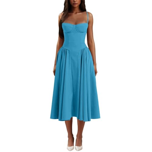 Ärmelloses Midikleid mit Korsett-Passform, Schulterfreies, figurbetontes, fließendes, fließender Faltensaum, A-Linien-Sommer mit Taschen tief ausgeschnittenes Cami-Kleid (Blue,L) von ROSSOM