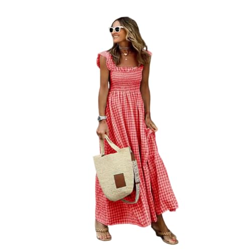 ROSSOM Neues Multi-Plaid-Maxikleid mit Gesmokter, Damen-Retro-Plaid-Sommer-Quadrathals-Volant-Langes Kleid Mehrfarbig, Spaghettiträgern, Boho-Sonnenkleid (Red,XL) von ROSSOM