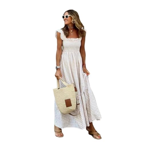 ROSSOM Women's New Multi Plaid Smocked Bust Maxi Dress, Casual Retro Plaid Summer Off Shoulder Spaghetti Strap Square Neck Flounce Boho Maxi Dress (Off-White,S) von ROSSOM