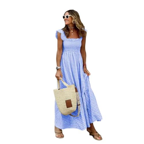 ROSSOM Women's New Multi Plaid Smocked Bust Maxi Dress, Casual Retro Plaid Summer Off Shoulder Spaghetti Strap Square Neck Flounce Boho Maxi Dress (Sky Blue,S) von ROSSOM