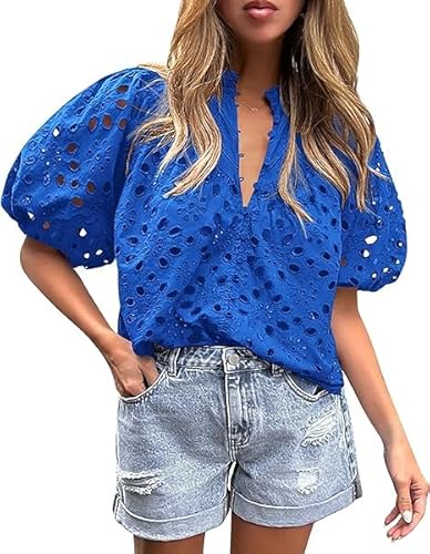 ROSSOM Women's Summer Tops Dressy Casual Puff Sleeve Eyelet Tops Lantern Sleeve V Neck Buttons Hollow Out Lace Embroidered Blouses (Blue,XXL) von ROSSOM