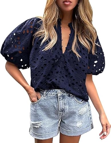 ROSSOM Women's Summer Tops Dressy Casual Puff Sleeve Eyelet Tops Lantern Sleeve V Neck Buttons Hollow Out Lace Embroidered Blouses (Dark Blue,S) von ROSSOM