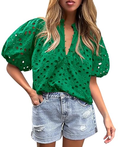 ROSSOM Women's Summer Tops Dressy Casual Puff Sleeve Eyelet Tops Lantern Sleeve V Neck Buttons Hollow Out Lace Embroidered Blouses (Green,L) von ROSSOM