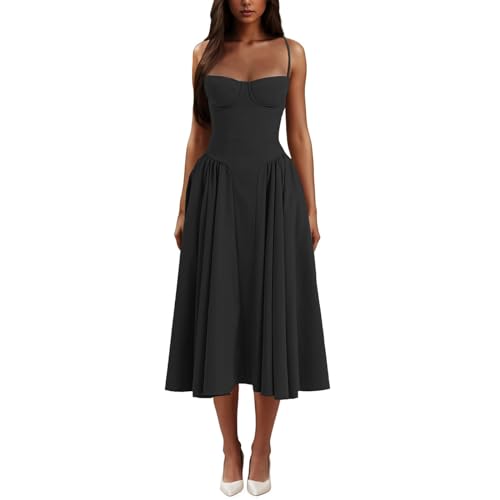 Spaghetti Strap Low Cut Bustier Off The Shoulder Dress, Boho Elegant Sexy A-line Midi Dress, with Pockets, Summer Casual Pleated Hem Beach Flowy Dress (Black,2XL) von ROSSOM