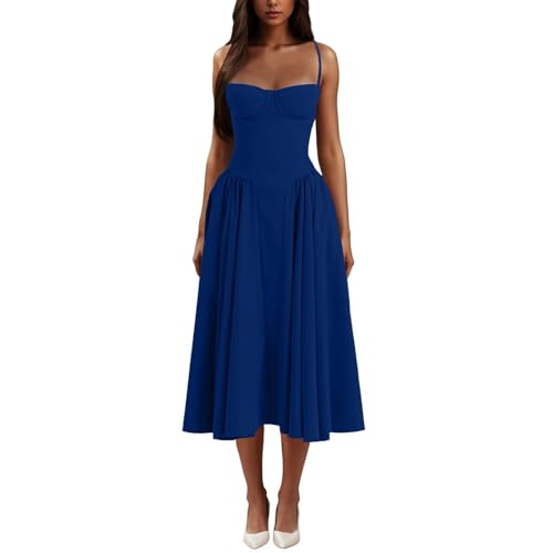 Spaghetti Strap Low Cut Bustier Off The Shoulder Dress, Boho Elegant Sexy A-line Midi Dress, with Pockets, Summer Casual Pleated Hem Beach Flowy Dress (Dark Blue,M) von ROSSOM