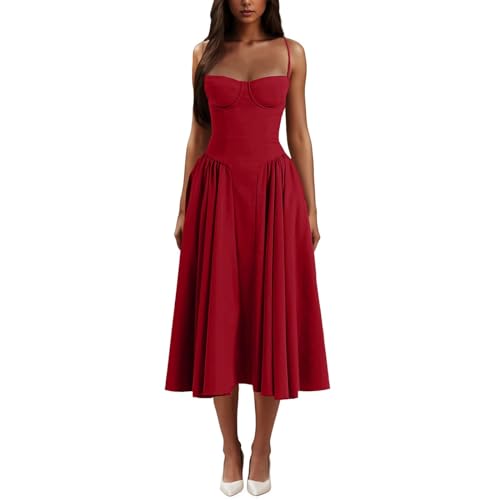 Spaghetti Strap Low Cut Bustier Off The Shoulder Dress, Boho Elegant Sexy A-line Midi Dress, with Pockets, Summer Casual Pleated Hem Beach Flowy Dress (Red,M) von ROSSOM