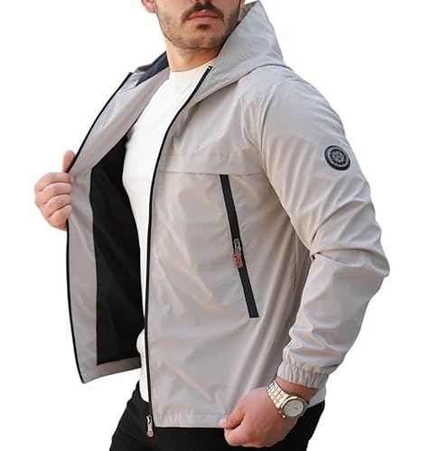 ROSSPALL Herren Übergangsjacke SJ25002 – Elegante Leichte Jacke mit Kapuze, Winddicht & Wasserabweisend (DE/NL/SE/PL, Alphanumerisch, M, Regular, Regular, Hellgrau) von ROSSPALL