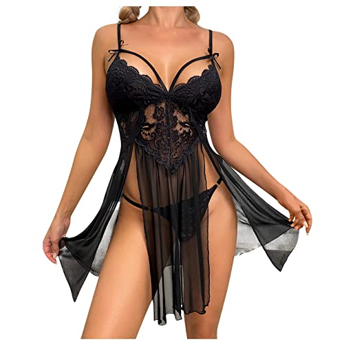 Damen Babydoll Dessous Transparent Mesh Spitze mit Tanga,Frauen Unterwäsche Negligee Tiefem V-Ausschnitt Schlitz,Backless Reizwäsche Kleid,Träger Lingerie Nachthemd Nachtwäsche Valentinstag (Schwarz) von ROSVAJFY