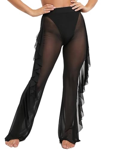 Damen Rüschen Hose aus Transparent Mesh Durchsichtige Hosen Bikini Bottom Cover Up Hohe Taille Weites Bein Strandhose Badeanzug Hosen (DE/NL/SE/PL, Alphanumerisch, S, Regular, Regular, Schwarz) von ROSVAJFY