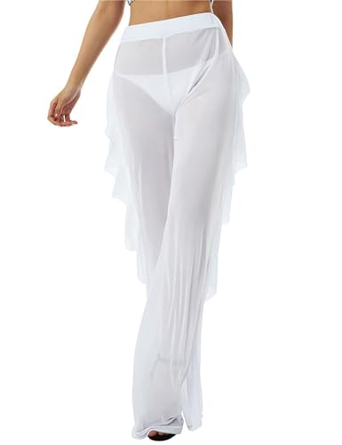 Damen Rüschen Hose aus Transparent Mesh Durchsichtige Hosen Bikini Bottom Cover Up Hohe Taille Weites Bein Strandhose Badeanzug Hosen (DE/NL/SE/PL, Alphanumerisch, XL, Regular, Regular, Weiß) von ROSVAJFY
