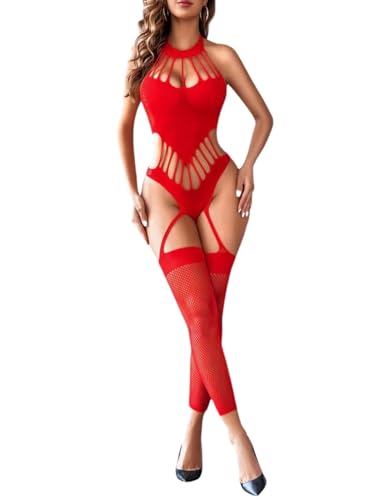 Damen Sexy Netz Dessous Bodystocking Neckholder Catsuit Stretch Jumpsuit, Reizwäsche Fishnet Strumpfhose Teddy Bodysuit mit Strümpfen,Babydoll Nachtwäsche Unterwäsche, Ärmellose Sleepwear (Rot) von ROSVAJFY