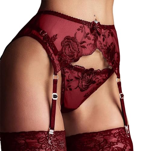 Damen Sexy Strumpfhalter Strapse Spitzen Strapsgürtel mit 4 Verstellbaren Hosenträger Clips G-String,Durchsichtige Mesh Strapsstrümpfe Hoher Taille,Strumpfbänder Strapsen Dessous Set Frauen (Rot) von ROSVAJFY