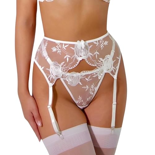 Damen Sexy Strumpfhalter Strapse Spitzen Strapsgürtel mit 4 Verstellbaren Hosenträger Clips G-String,Durchsichtige Mesh Strapsstrümpfe Hoher Taille,Strumpfbänder Strapsen Dessous Set Frauen (Weiß) von ROSVAJFY