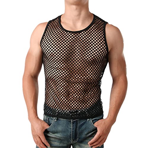 Herren Sexy Tank Top Transparente Netz Ärmelloses Shirt,Mesh Hemd,Muskelshirt Unterwäsche,Ausgehöhltes Workout T-Shirt,Unterhemd Clubwear (DE/NL/SE/PL, Alphanumerisch, L, Regular, Regular, Schwarz(2)) von ROSVAJFY