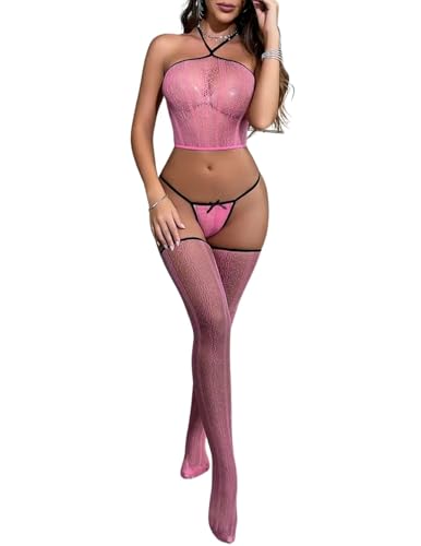 3-teiliges Damen Spitzen Dessous Set Transparentes Crop-Top mit Neckholder Tanga halterlose Stretch Netzstrümpfe Unterwäsche für Valentinstag Partys Clubs XS-XL (Rosa) von ROSVAJFY