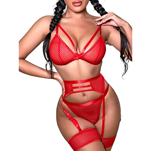ROSVAJFY 4-Teiliges Sexy Dessous-Set für Damen mit Strumpfgürtel, Netz Unterwäsche Set mit Hoher Taille, Elegant Reizwäsche Lingerie Spaghetti für Valentinstag (Rot) von ROSVAJFY
