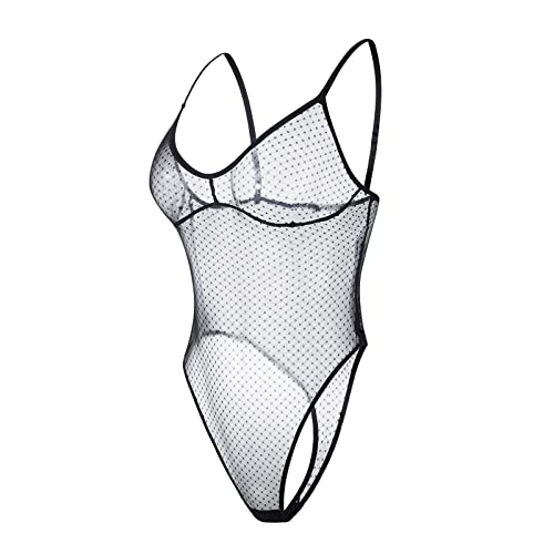 ROSVAJFY Damen Body Transparent aus Tüll Gepunkteter Unterwäsche Stringbody mit Spaghettiträgern für Frauen einteiliger Bodysuit Sexy Nachtwäsche Unterkleidung Monokini hoch geschnitten (Stil 2) von ROSVAJFY