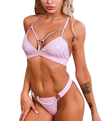 ROSVAJFY Damen Dessous-Set aus Leder, 2-Teilig BH Slip Set, Wetlook Sexy Unterwäsche Set, Glänzende Metallische Nachtwäsche Herz tiefer V-Ausschnitt Clubwear Bikini (Rosa) von ROSVAJFY