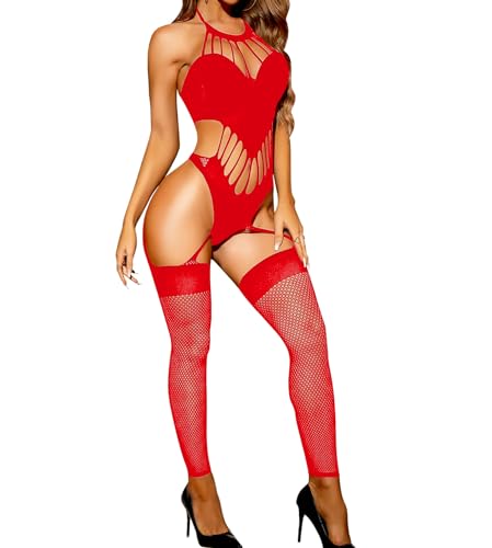 ROSVAJFY Damen Netz-Bodystocking Einteilige Elastische Unterwäsche Spitzen-Bodysuit ohne Fuß, Hohler Neckholder Body Lingerie Durchsichtige Dessous für Valentinstag (Rot) von ROSVAJFY