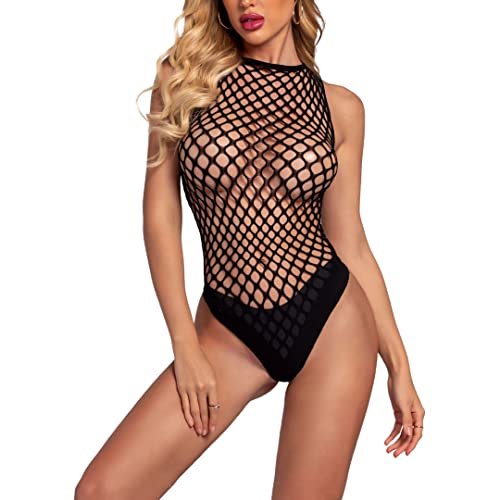 ROSVAJFY Damen Sexy Fischnetz Body Ärmellos, Transparenter Neckholder-Bodysuit, Stretch Netz Monokini Badeanzug, Einteilige Dessous Reizwäsche Rückenfrei S-XL (Schwarz) von ROSVAJFY