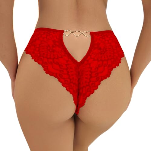 Damen String Spitze Weicher Tanga Unterhosen Ausgehöhlter Rückseite Unterwäsche Herzring Niedrige Taille Transparente Slips Höschen Elastische Dessous Frauen Bikini Panty Hipster (Rot, M) von ROSVAJFY