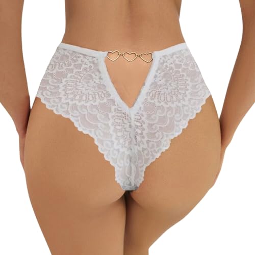 ROSVAJFY Damen String Spitze Weicher Tanga Unterhosen Ausgehöhlter Rückseite Unterwäsche Herzring Niedrige Taille Transparente Slips Höschen Elastische Dessous Frauen Bikini Panty Hipster (Weiß, XL) von ROSVAJFY