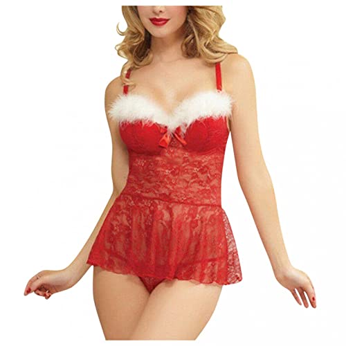 ROSVAJFY Damen Weihnachten Dessous Set Christmas Nachthemd mit Kapuze, Sexy Weihnachten Reizwäsche Durchsichtig Kimono Hüftgurt, Santa Body Spitze Negligee Babydoll Cosplay(Babydoll) von ROSVAJFY