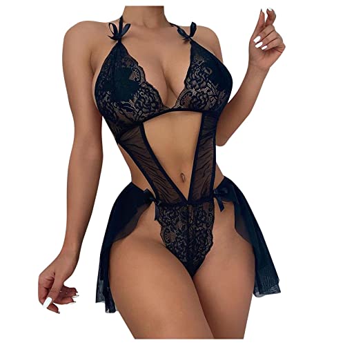 ROSVAJFY Dessous Sexy EIN Stück Babydoll Nachthemd für Damen, Neckholder Teddy Body mit tiefem V-Ausschnitt, Rückenfreies Schnür Lingerie Set Negligee aus Transparent Mesh (L) von ROSVAJFY