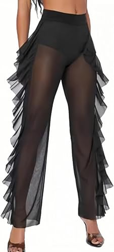 ROSVAJFY Durchsichtige Strandhose Damen Rüschen Hose aus Transparent Mesh Gerades Design mit Hoher Taille Netz Hose Damen Strand Festival Outfit für Partys Clubwear(XXL) von ROSVAJFY