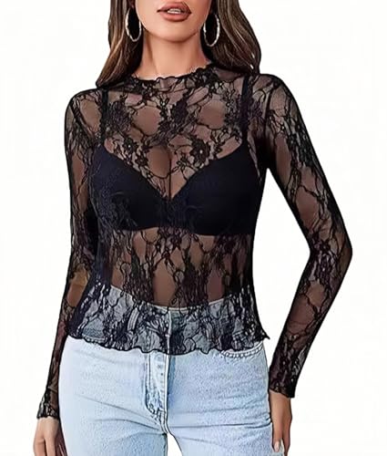 ROSVAJFY Durchsichtiges Oberteil mit Spitze Langarmshirt mit Mesh Spitzen Top Langarm (DE/NL/SE/PL, Alphanumerisch, L, Regular, Regular, Schwarz) von ROSVAJFY