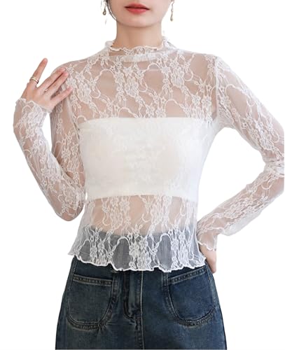 ROSVAJFY Durchsichtiges Oberteil mit Spitze Langarmshirt mit Mesh Spitzen Top Langarm Netzoberteil Spitzen Blumenstickerei Leicht und Atmungsaktiv Mesh Oberteil Damen Festival Langarm (Weiß, L) von ROSVAJFY